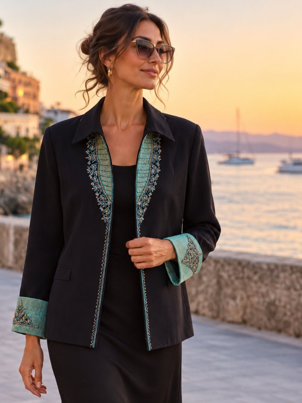 Formal Embroidered black open front blazer